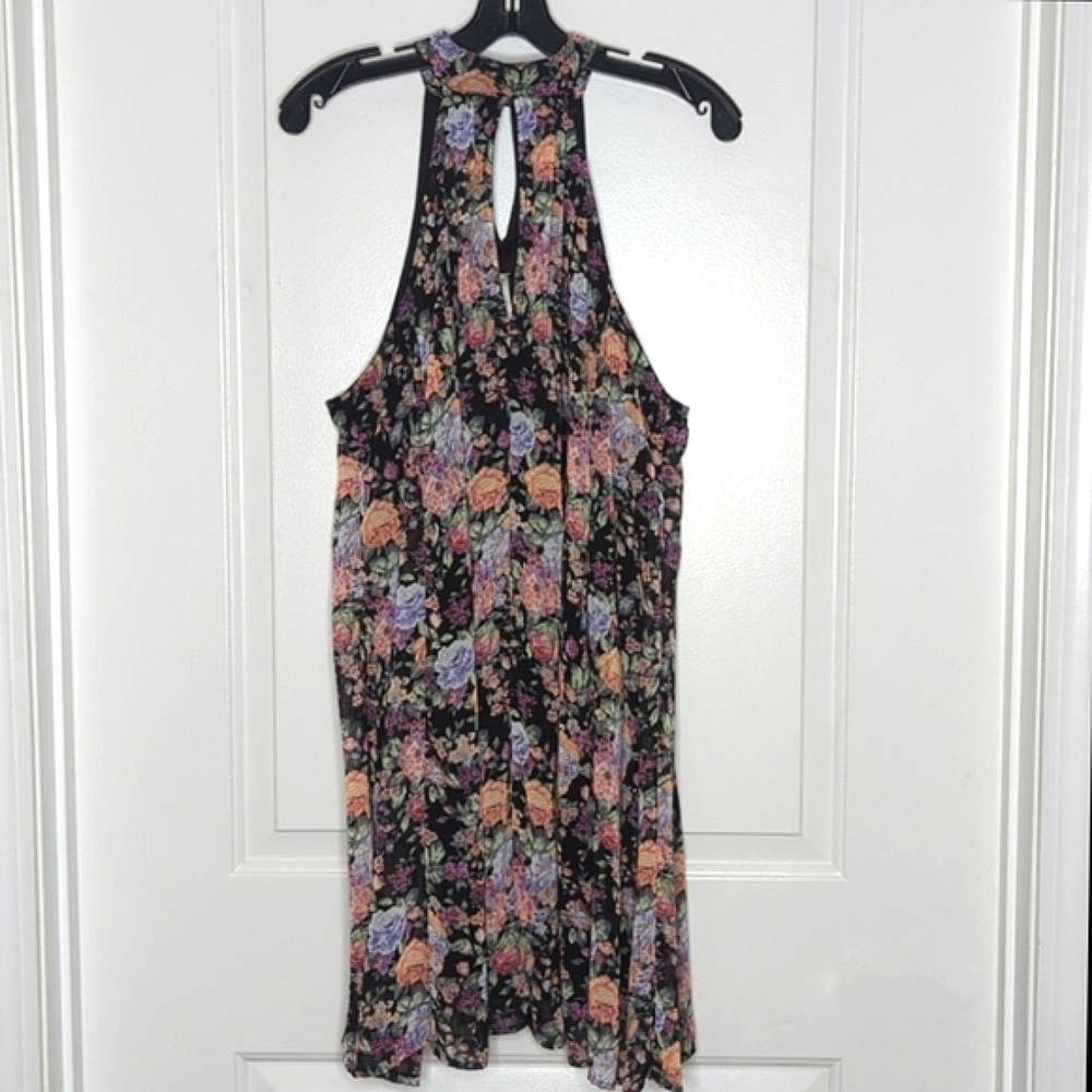 My Story Sleeveless Lined Dark Floral Halter Mini Dress Keyhole Front Back L - Picture 5 of 13